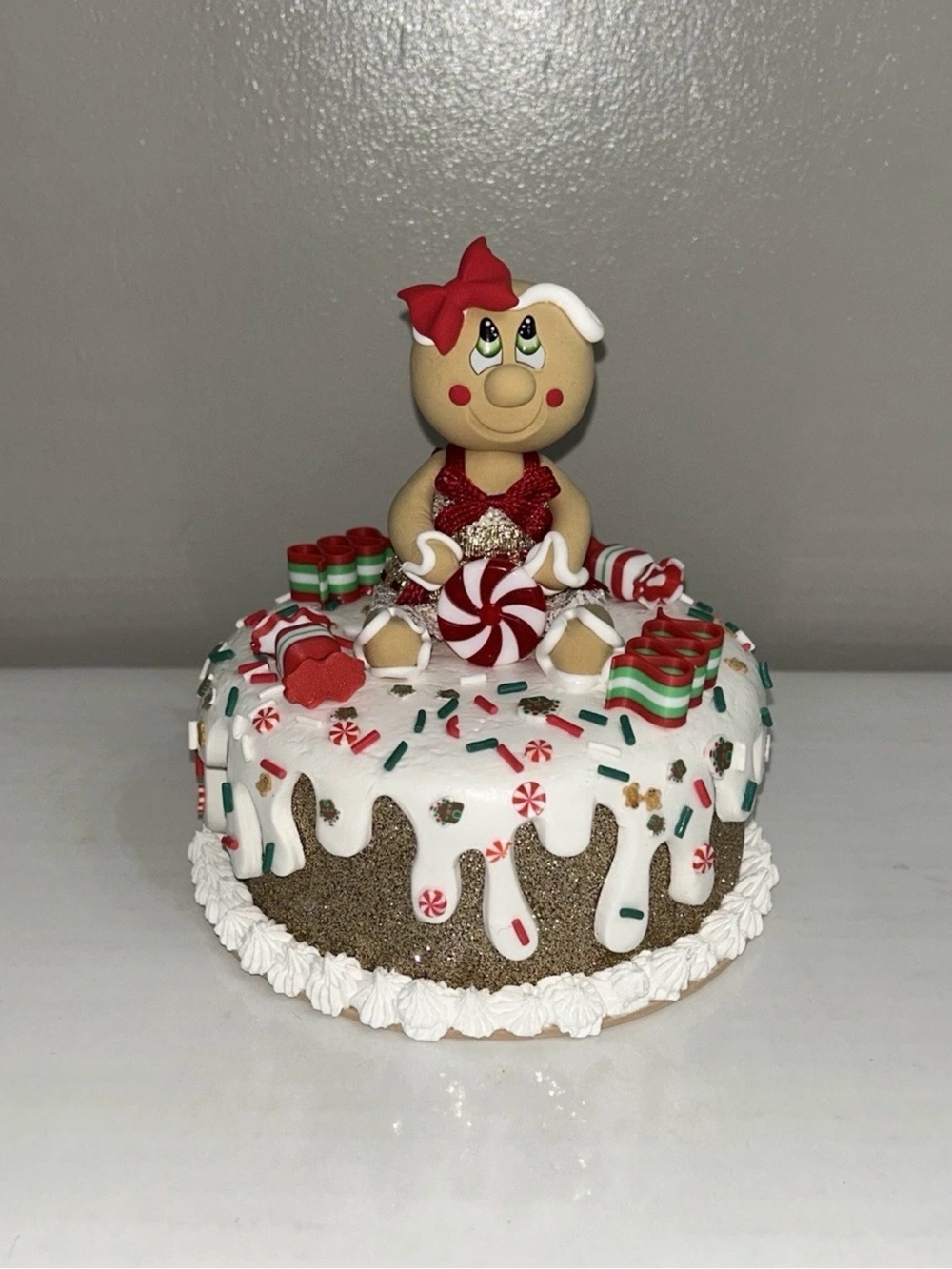 Festive Fake Gingerbread Cake Decoration - Red & White Handmade